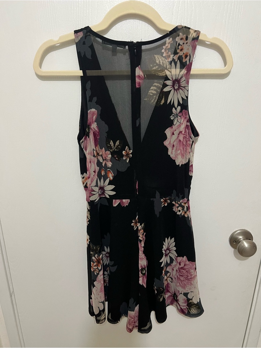 Charlotte Russe Black Floral Sleeveless Mesh Romper with Pink Flowers